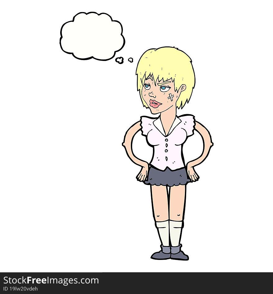 cartoon tough woman with hands on hips with thought bubble