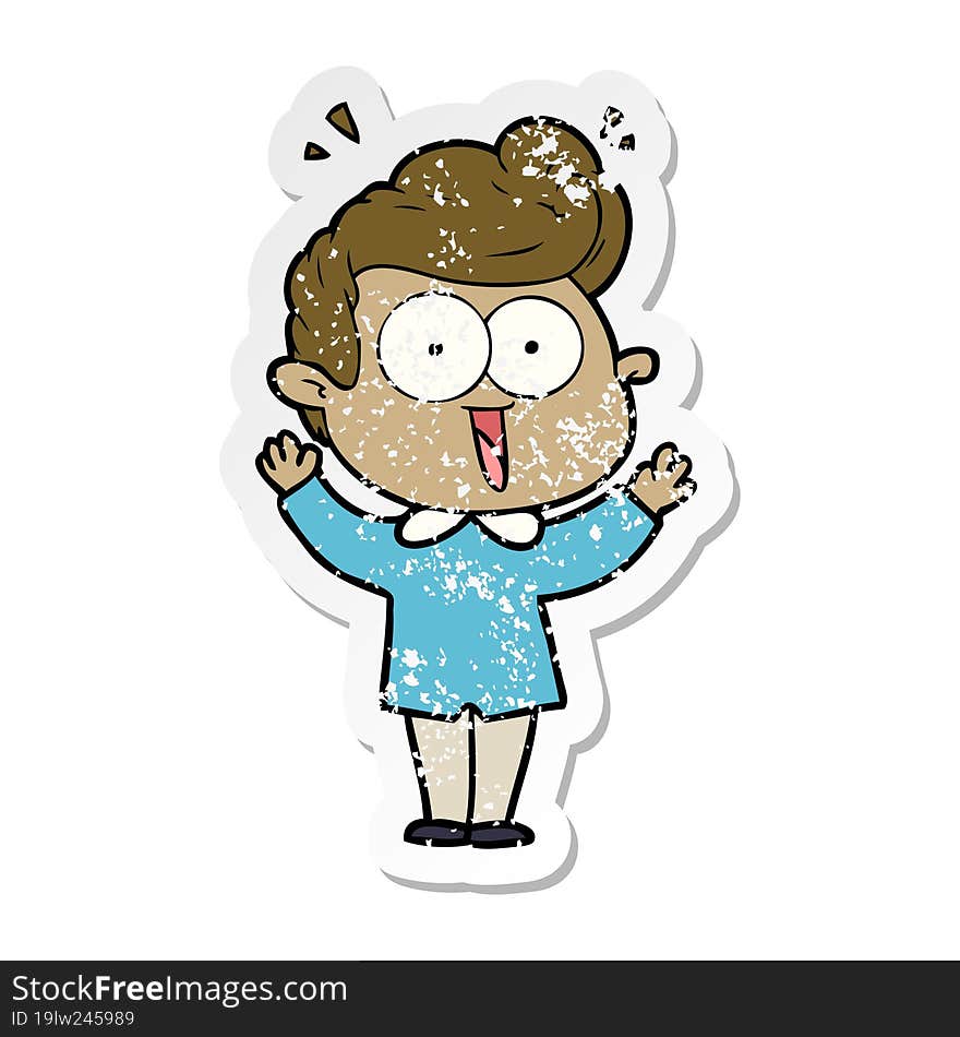 distressed sticker of a cartoon excited man