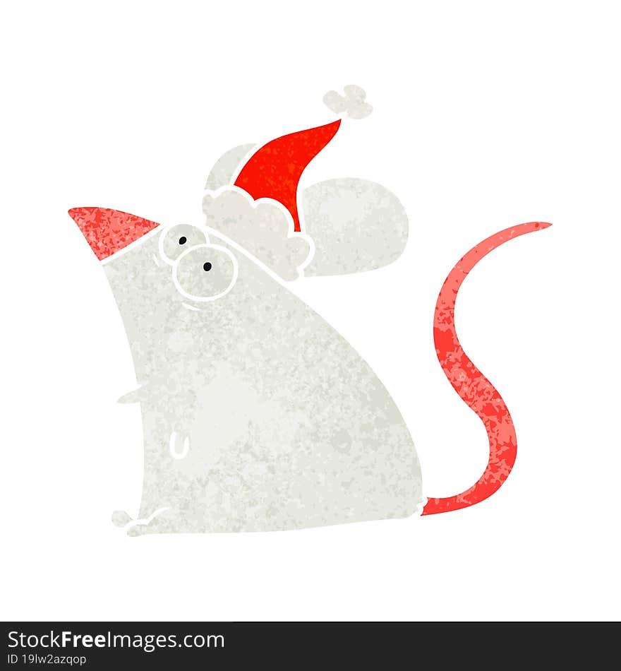 hand drawn retro cartoon of a frightened mouse wearing santa hat