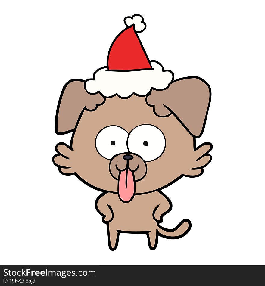 line drawing of a dog with tongue sticking out wearing santa hat