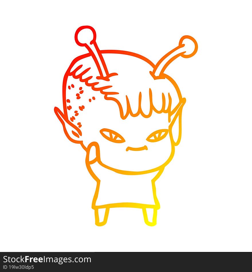 warm gradient line drawing of a cute cartoon alien girl