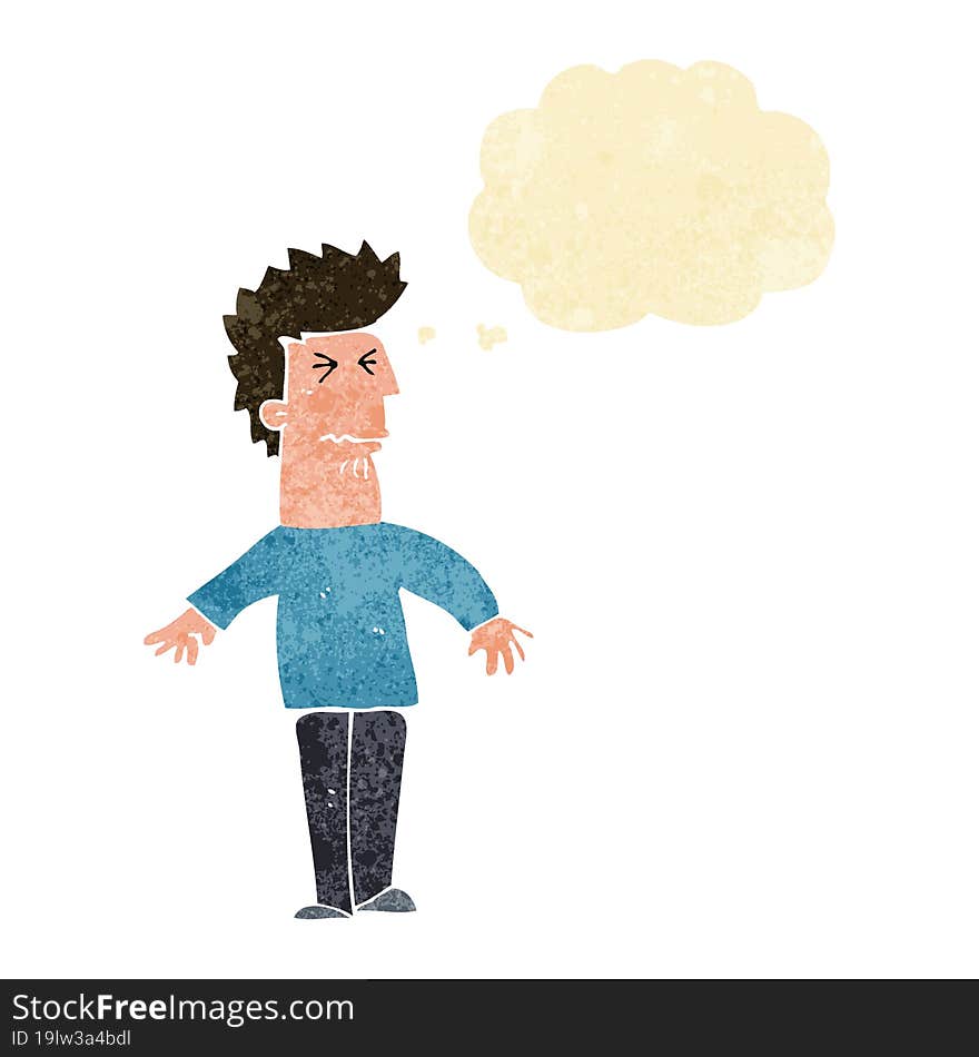 cartoon stressed man with thought bubble