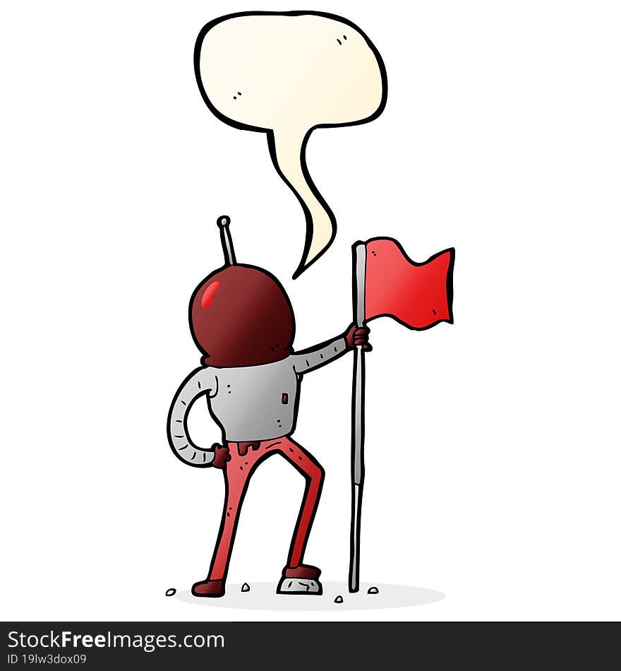 cartoon astronaut planting flag with speech bubble