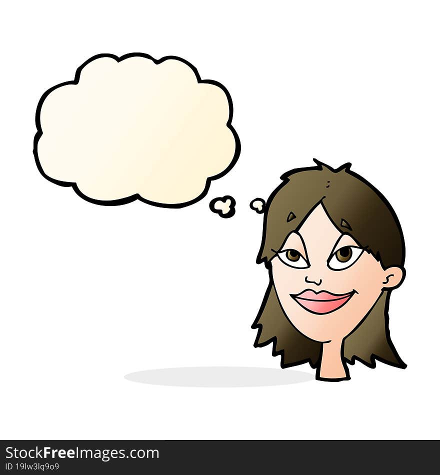 cartoon happy woman with thought bubble