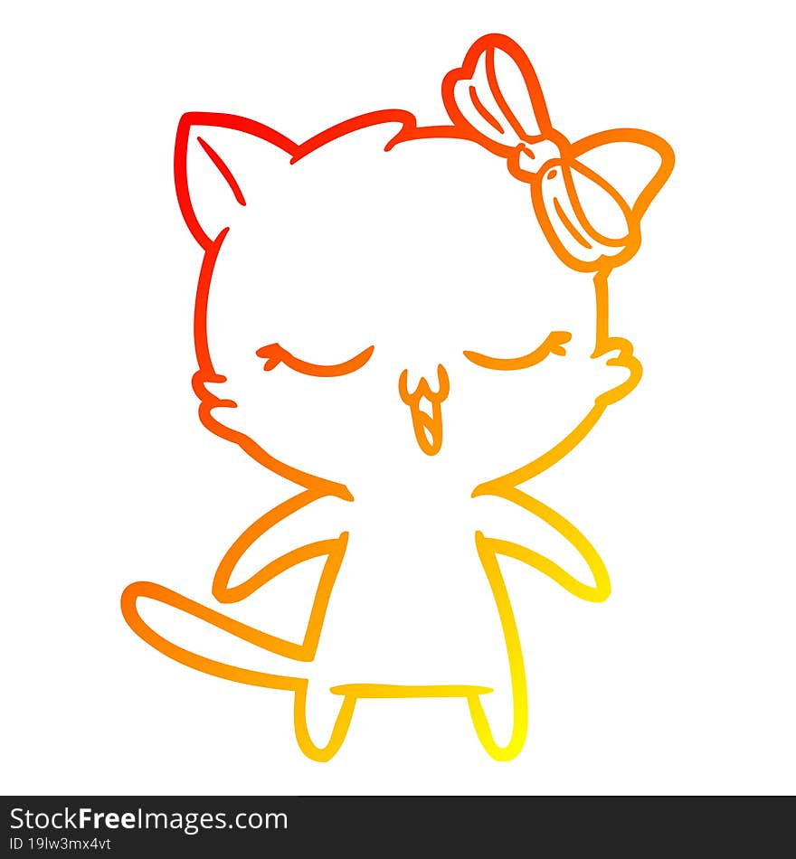 warm gradient line drawing cartoon cat with bow on head