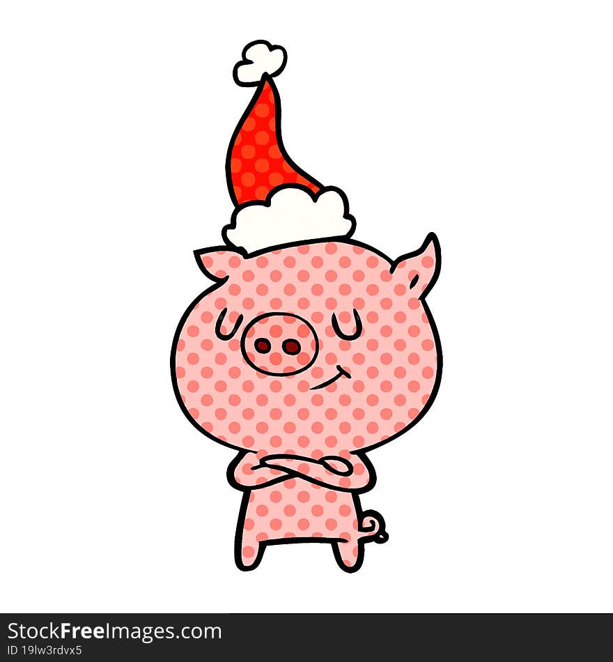 happy comic book style illustration of a pig wearing santa hat