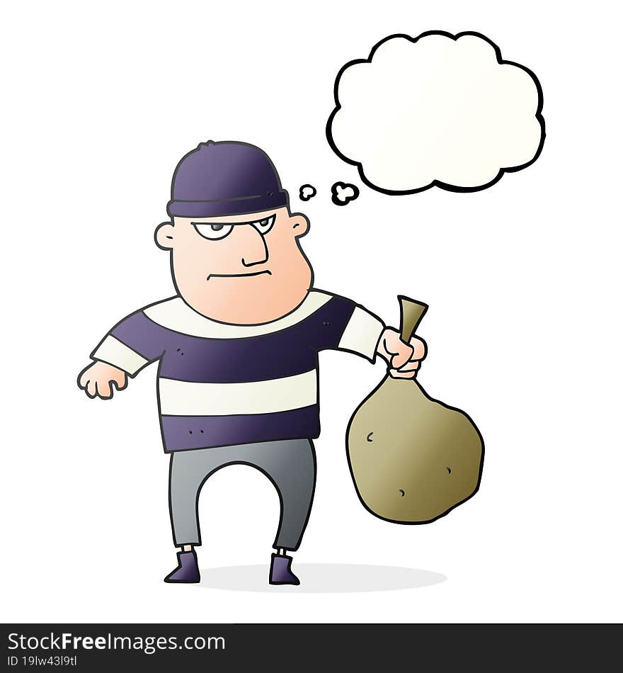 thought bubble cartoon burglar with loot bag