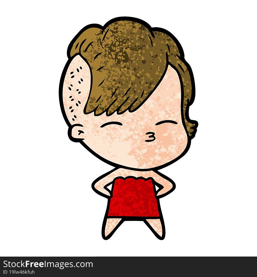 cartoon squinting girl in dress. cartoon squinting girl in dress