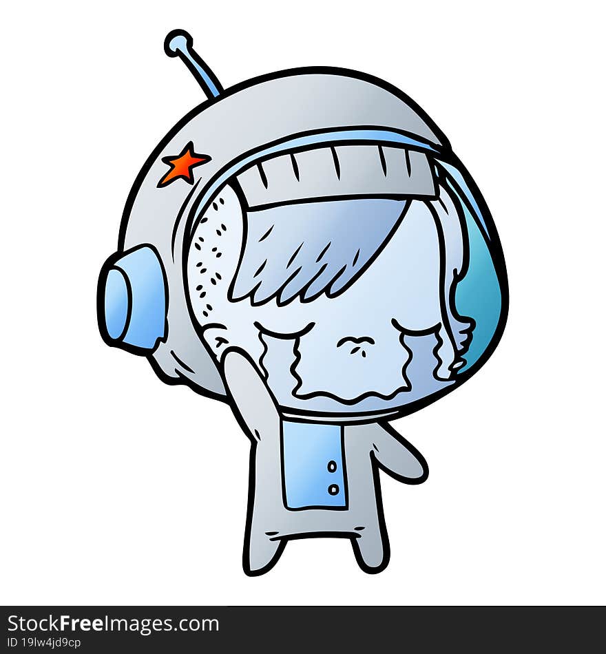 cartoon crying astronaut girl waving goodbye. cartoon crying astronaut girl waving goodbye