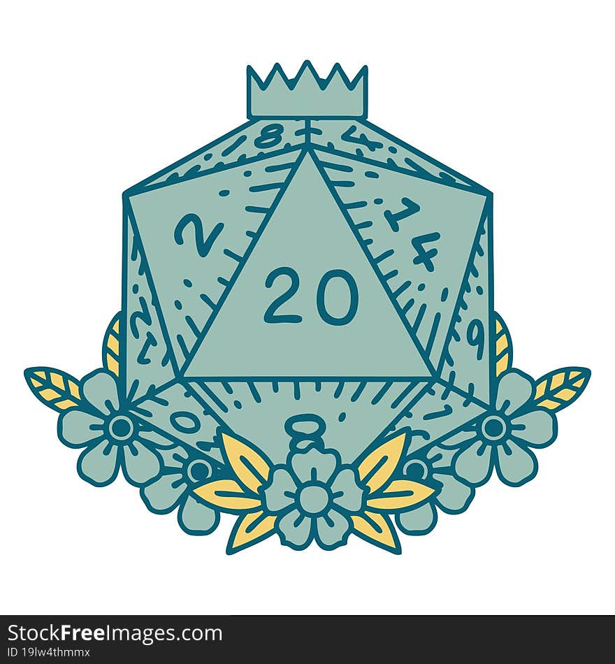 Natural 20 D20 Dice Roll With Floral Elements Illustration