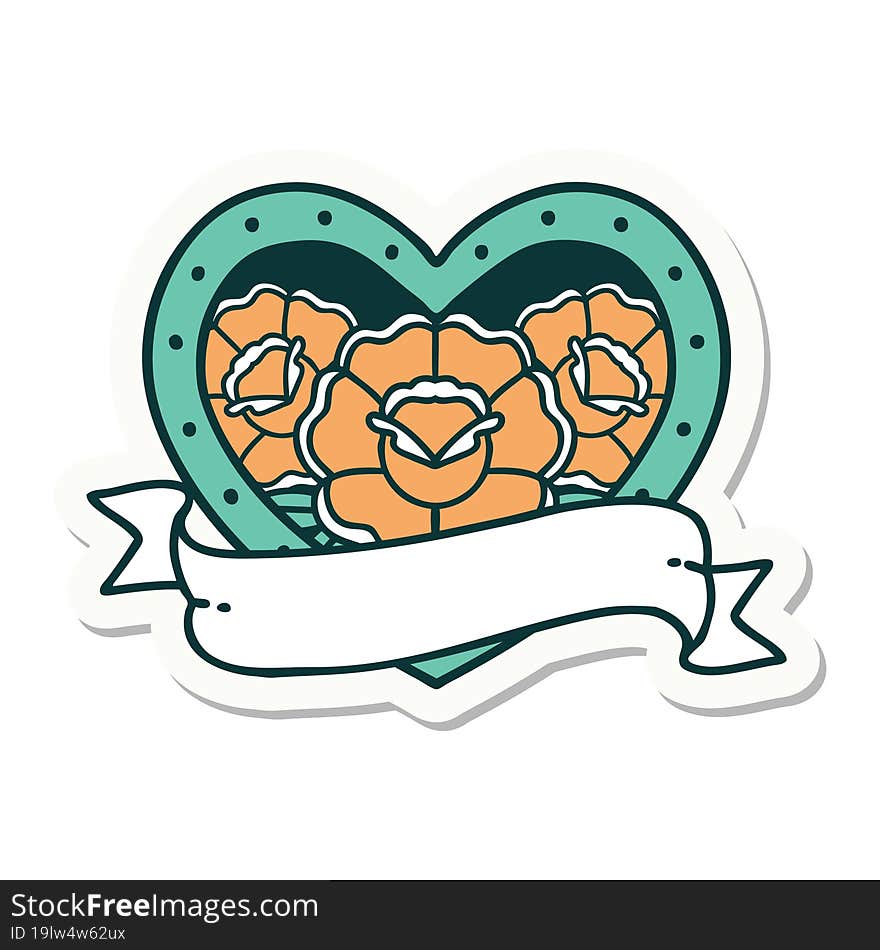 sticker of tattoo in traditional style of a heart and banner with flowers. sticker of tattoo in traditional style of a heart and banner with flowers