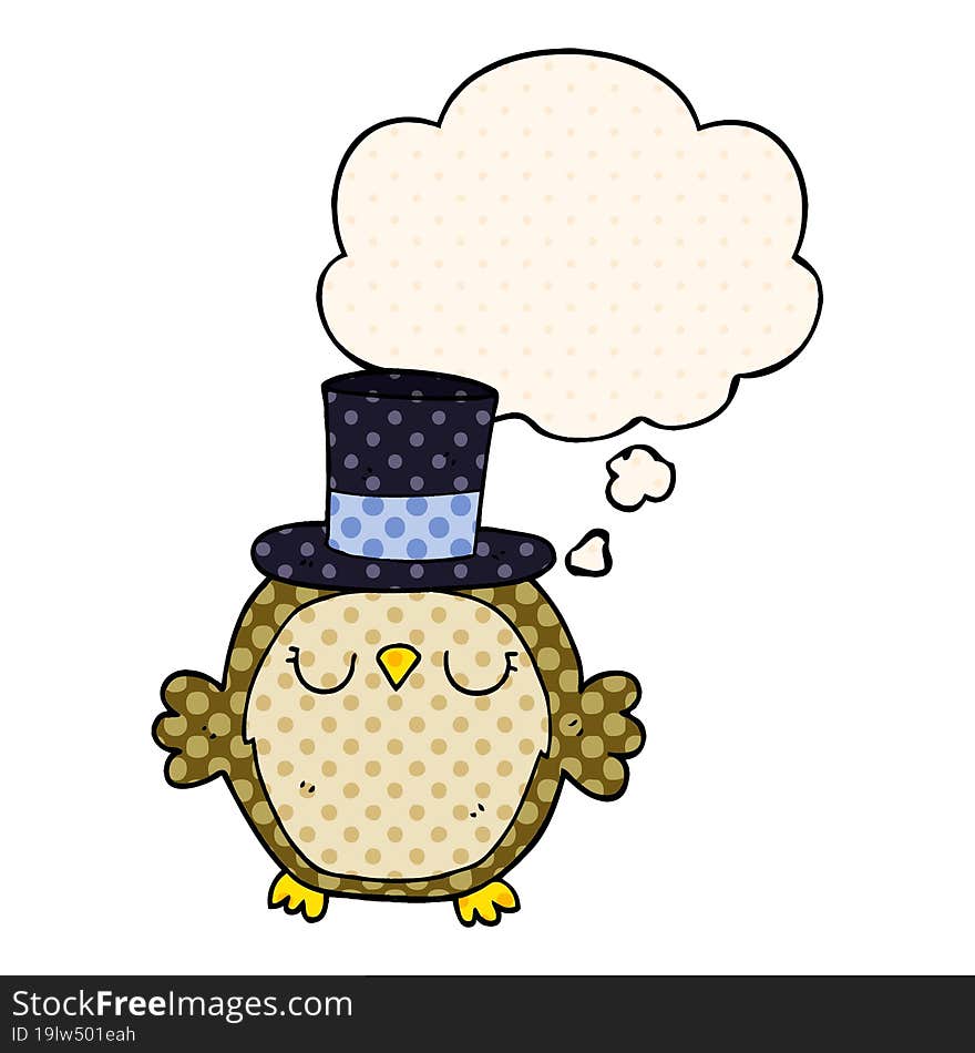 cartoon owl wearing top hat with thought bubble in comic book style