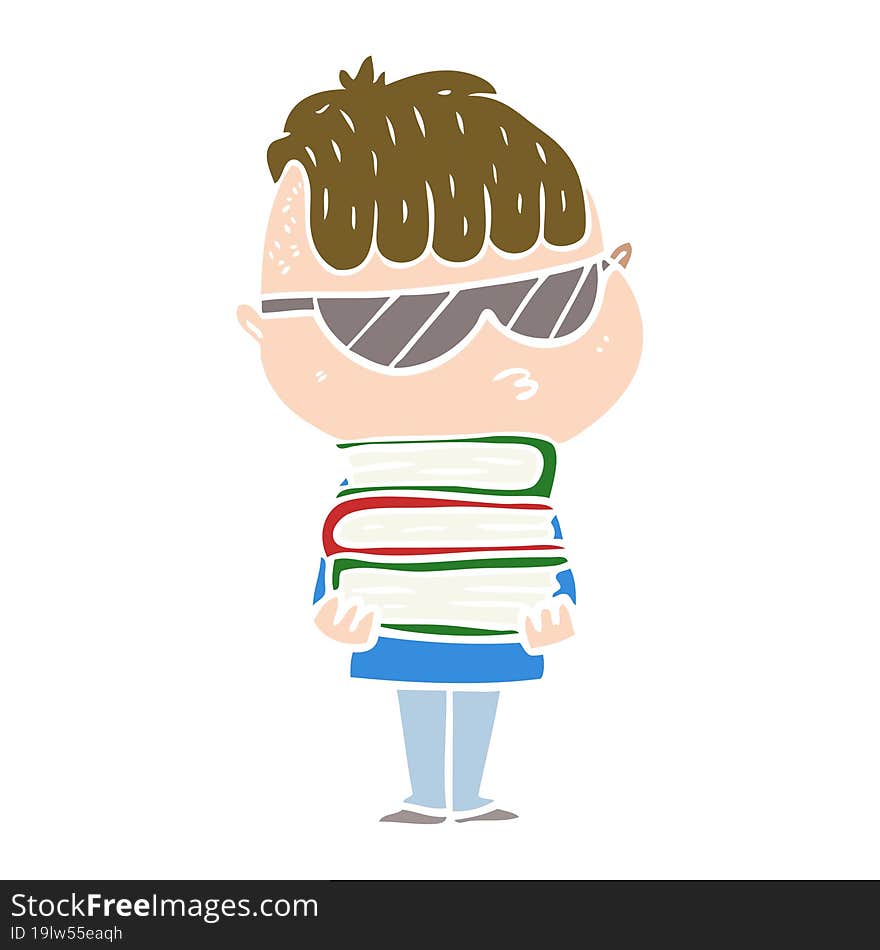 Flat Color Style Cartoon Boy Wearing Sunglasses With Stack Of Books