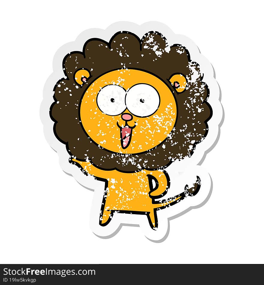 distressed sticker of a happy cartoon lion