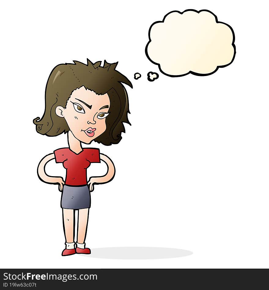 cartoon woman with hands on hips with thought bubble