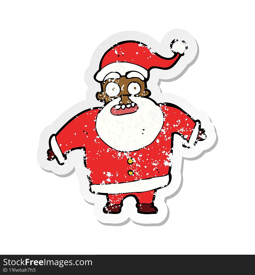 retro distressed sticker of a cartoon shocked santa claus