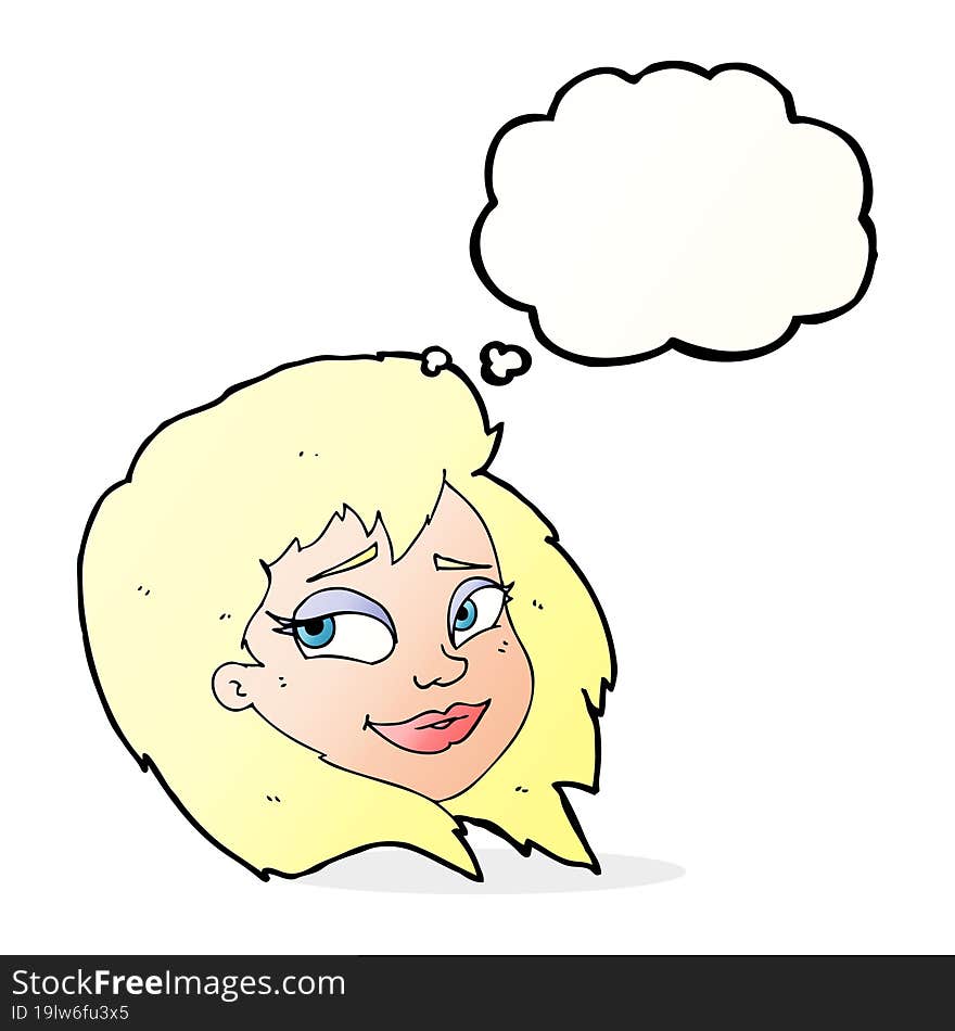 cartoon happy female face with thought bubble