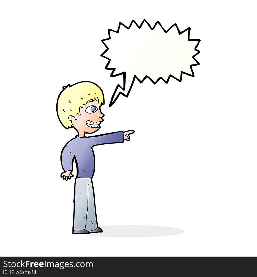 cartoon grinning boy pointing with speech bubble