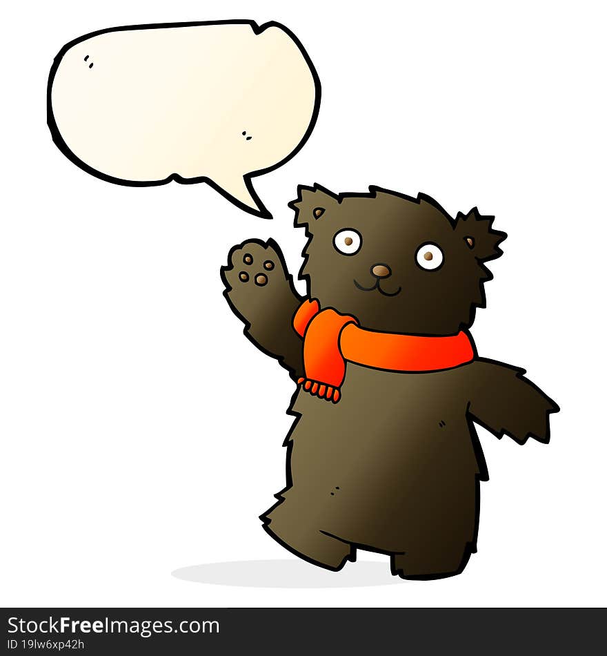 cartoon teddy bear wearing scarf with speech bubble