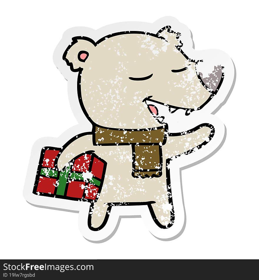 distressed sticker of a cartoon bear with present