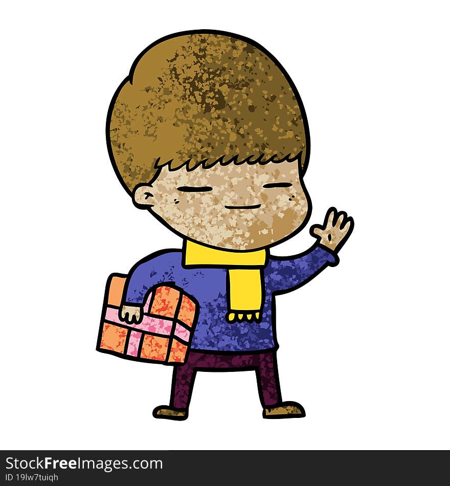 cartoon smug boy carrying present. cartoon smug boy carrying present