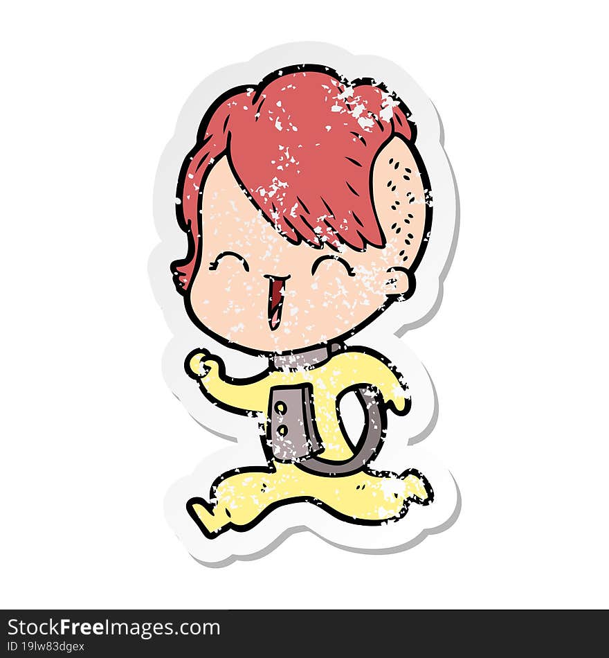 distressed sticker of a cartoon happy hipster girl wearing space suit