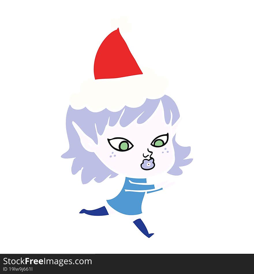 pretty flat color illustration of a elf girl wearing santa hat