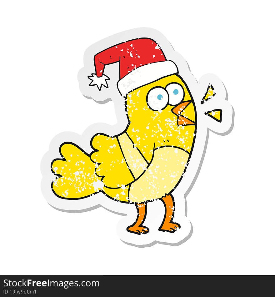 retro distressed sticker of a cartoon bird wearing christmas hat