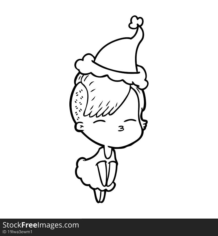 line drawing of a squinting girl in dress wearing santa hat