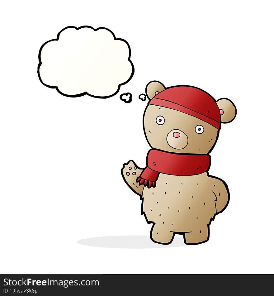 cartoon teddy bear in winter hat and scarf with thought bubble