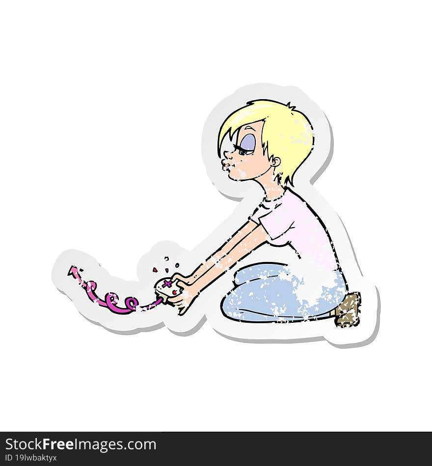 retro distressed sticker of a cartoon girl playing computer games