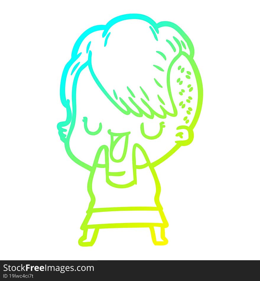 cold gradient line drawing of a cute cartoon girl with hipster haircut