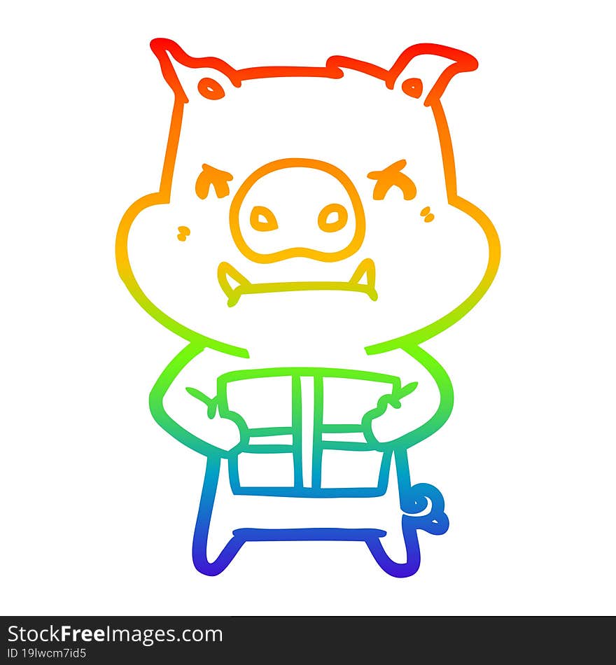 rainbow gradient line drawing of a angry cartoon pig with christmas gift