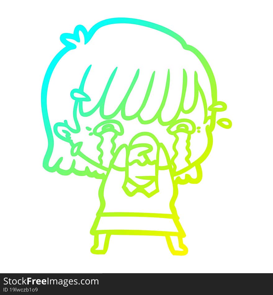 cold gradient line drawing of a cartoon girl crying