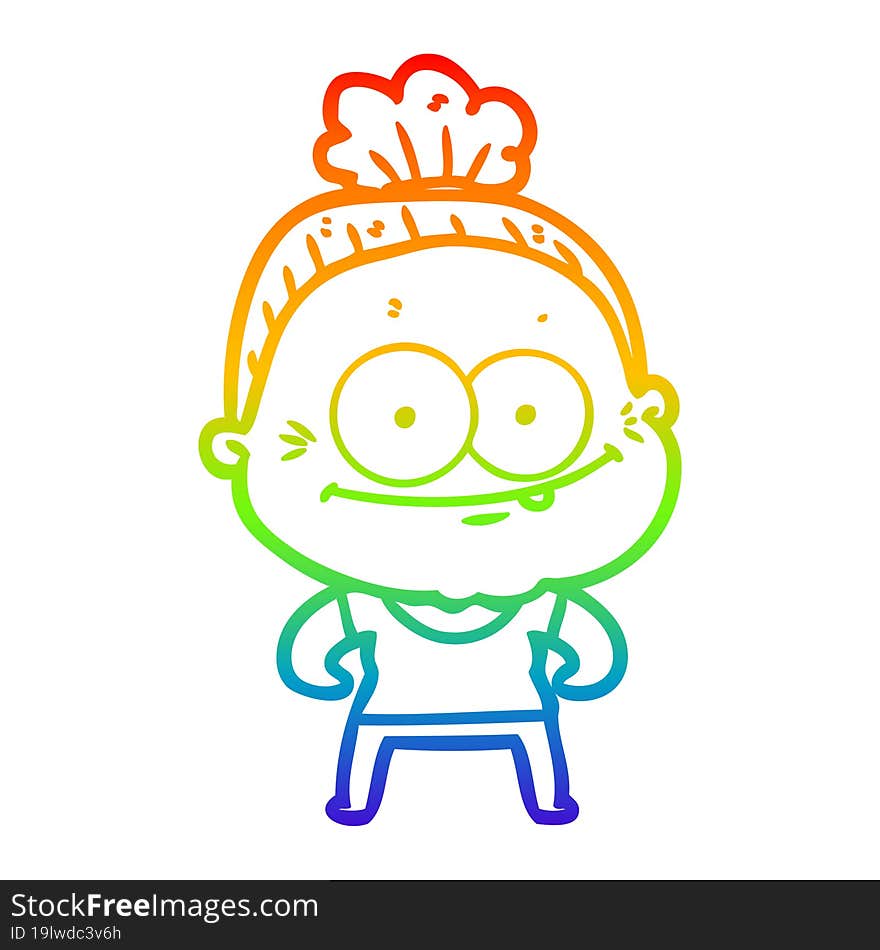 rainbow gradient line drawing of a cartoon happy old woman