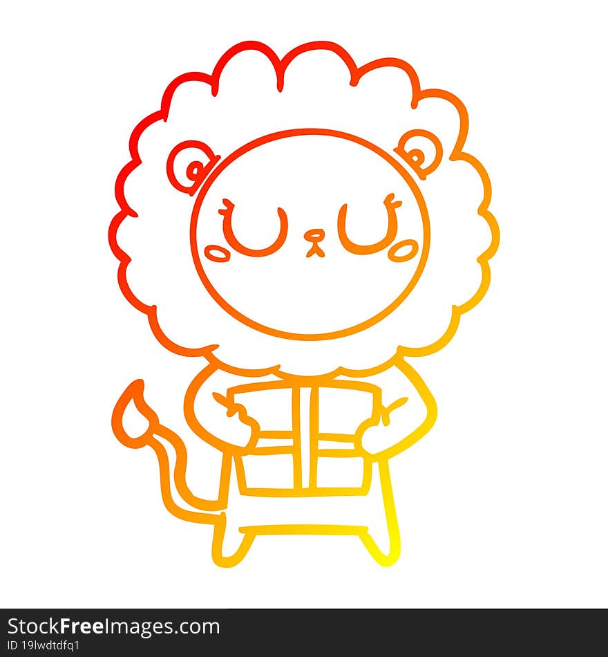 warm gradient line drawing cartoon lion with christmas present