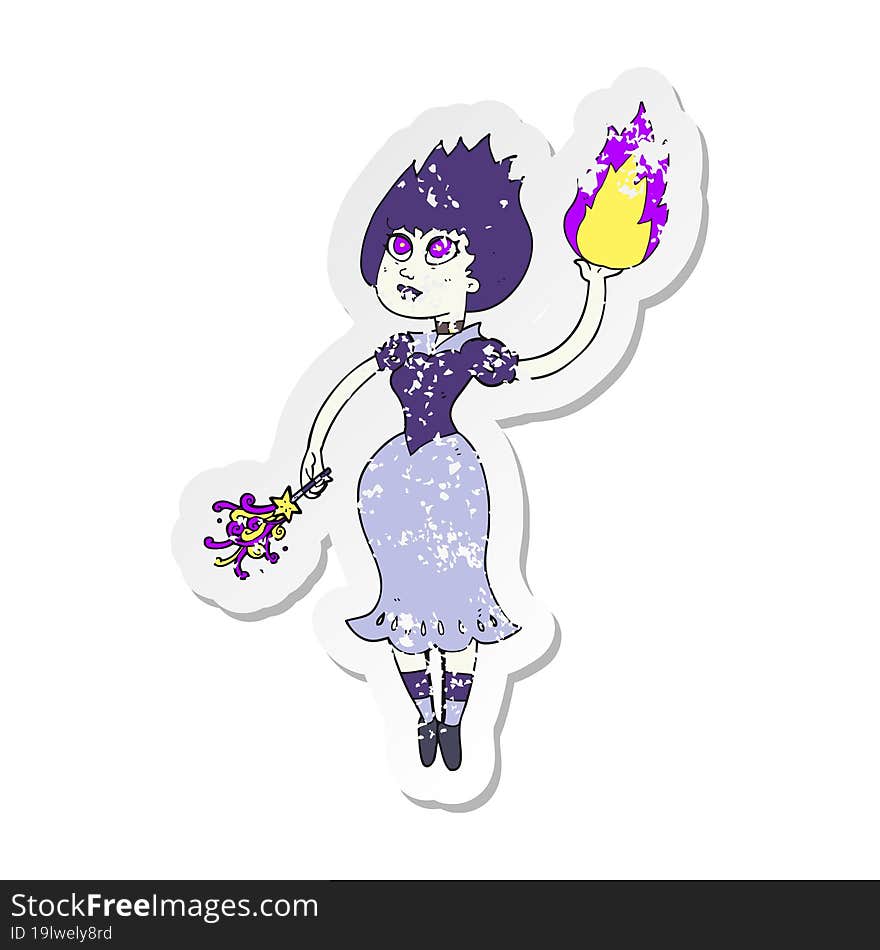 retro distressed sticker of a cartoon vampire girl casting fireball