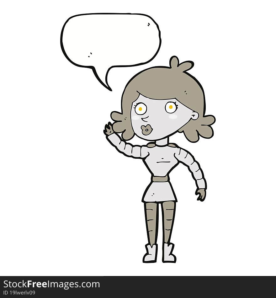 Cartoon Robot Woman Waving With Speech Bubble