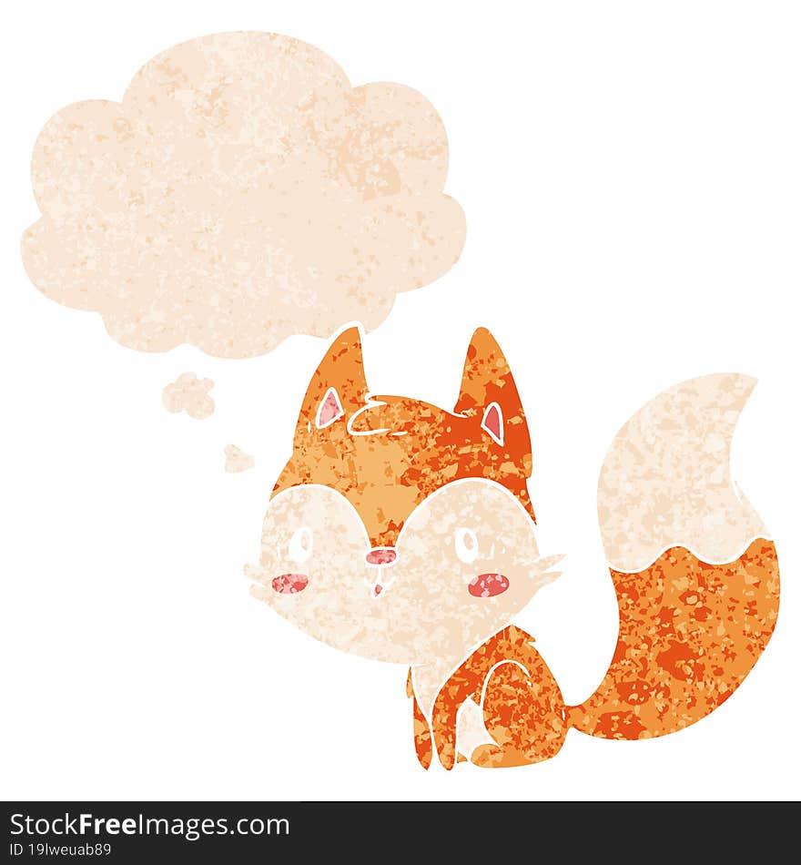 cartoon fox and thought bubble in retro textured style