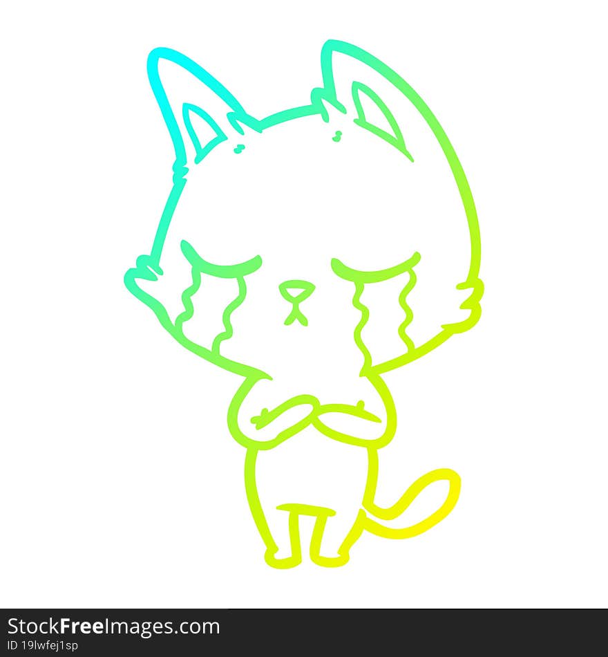 Cold Gradient Line Drawing Crying Cartoon Cat