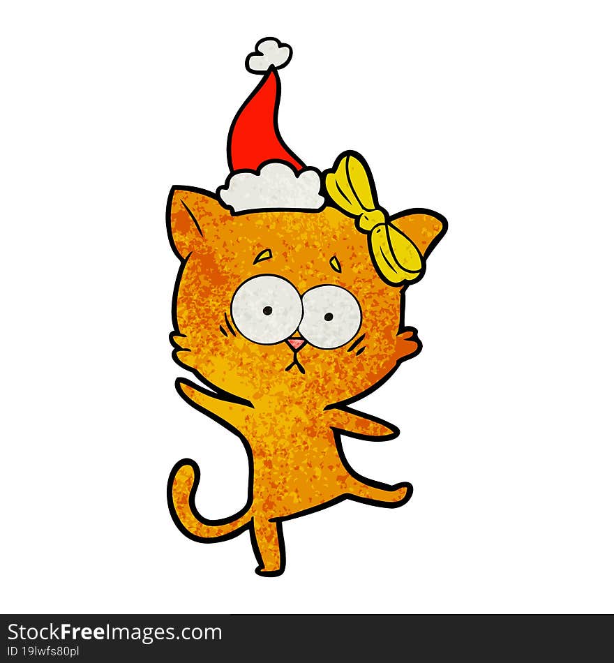 textured cartoon of a cat wearing santa hat