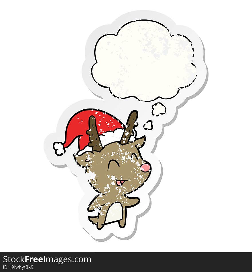 cartoon christmas reindeer with thought bubble as a distressed worn sticker