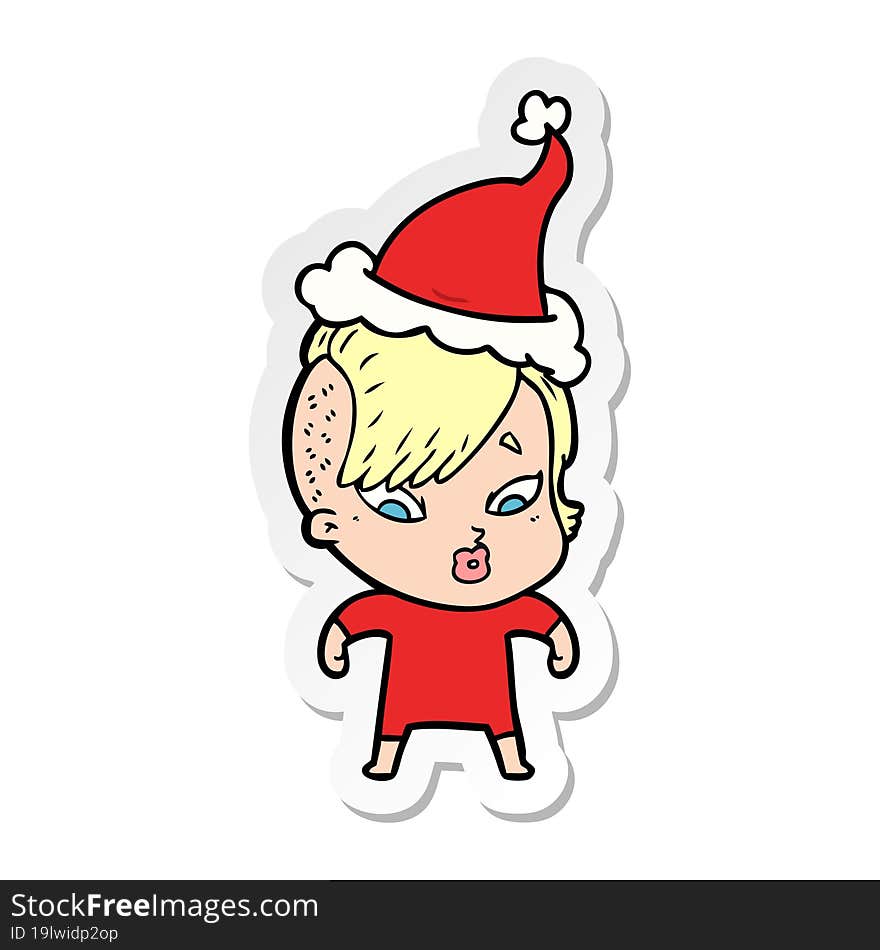 Sticker Cartoon Of A Surprised Girl Wearing Santa Hat