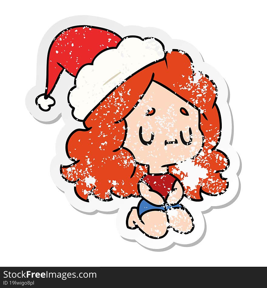 hand drawn christmas distressed sticker cartoon of kawaii girl