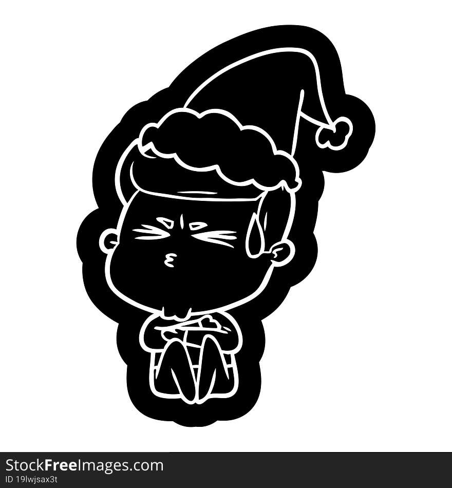 cartoon icon of a man sweating wearing santa hat