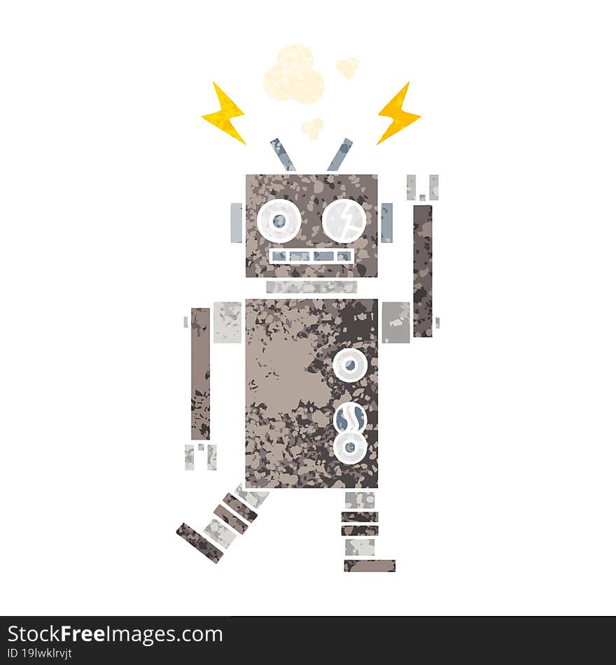 retro illustration style cartoon malfunctioning robot