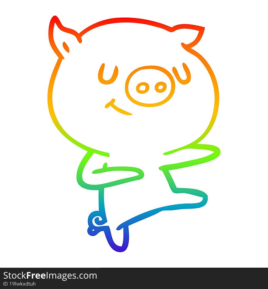 rainbow gradient line drawing of a happy cartoon pig dancing