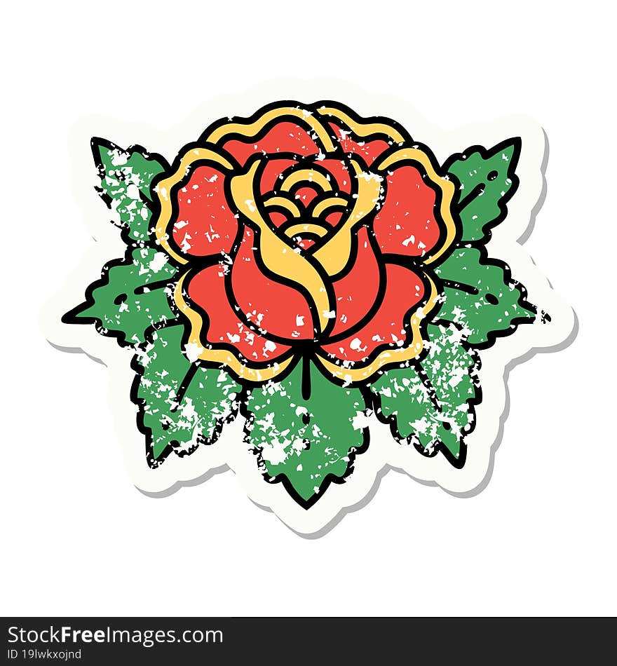 traditional distressed sticker tattoo of a rose