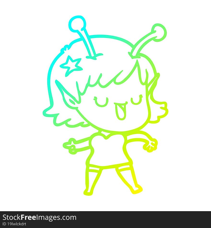 Cold Gradient Line Drawing Happy Alien Girl Cartoon