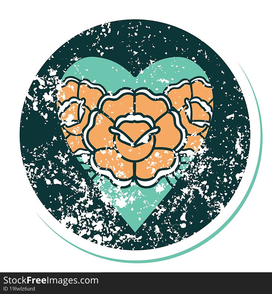 distressed sticker tattoo style icon of a heart and flowers